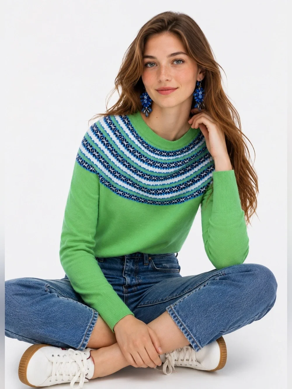 J.Crew 100% Cashmere Fair Isle Sweater Green Blue Nordic Print Size M
